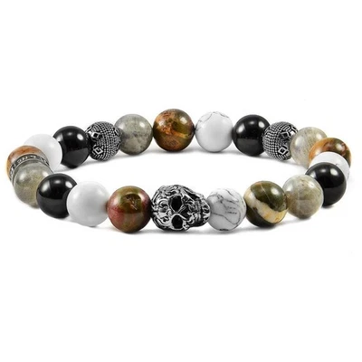 Men's Skull with Onyx, Labradorite, Howlite and Picasso Jasper Stones Stretch Br - Image 1 of 4