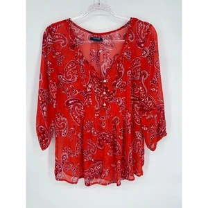 Old Navy Paisley Blouse Button Front 3/4 Sleeve Semi Sheer Red Size M - Picture 1 of 9