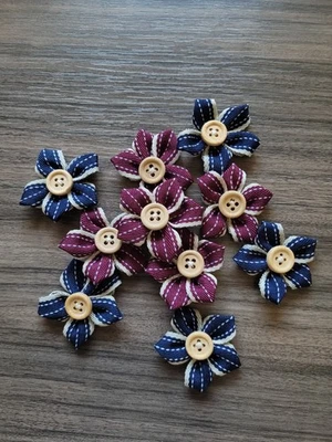 10 accesorios de tela hechos a mano, flor, con botón de madera, granate y azul marino Foto 1 de 4