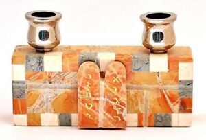Candlesticks Made in Jerusalem Three Colors Marble Stones with Ten Commandments
