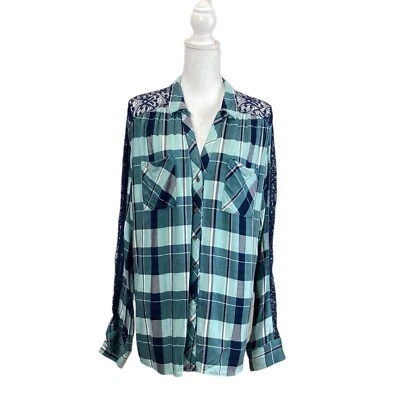 Vanity Women’s Long Sleeve Plaid Button Up Lace Inlay Top Size 2XL Multi Color Foto 1 de 4