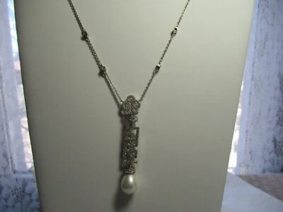 Collar PLATA ESTERLINA Y DIAMANTES Y PERLAS GOTA 18" Nuevo Foto 1 de 4