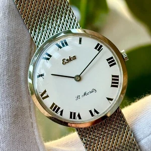 Vintage Eska St.Moritz Roman Enamel Dial Winding Cal 7001 Men's Watch 10-128 - Picture 1 of 12