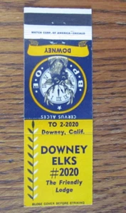 FUNDA DE LIBRO DE CERILLAS DOWNEY ELKS FRATERNAL CLUB: DOWNEY, CALIFORNIA MATCHCOVER -A9 - Imagen 1 de 2
