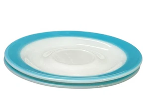 Set of 2 Vintage PYREX BLUE BAND Milk Glass SAUCER 6 1/4" Turquoise Aqua Rim USA - Picture 1 of 12