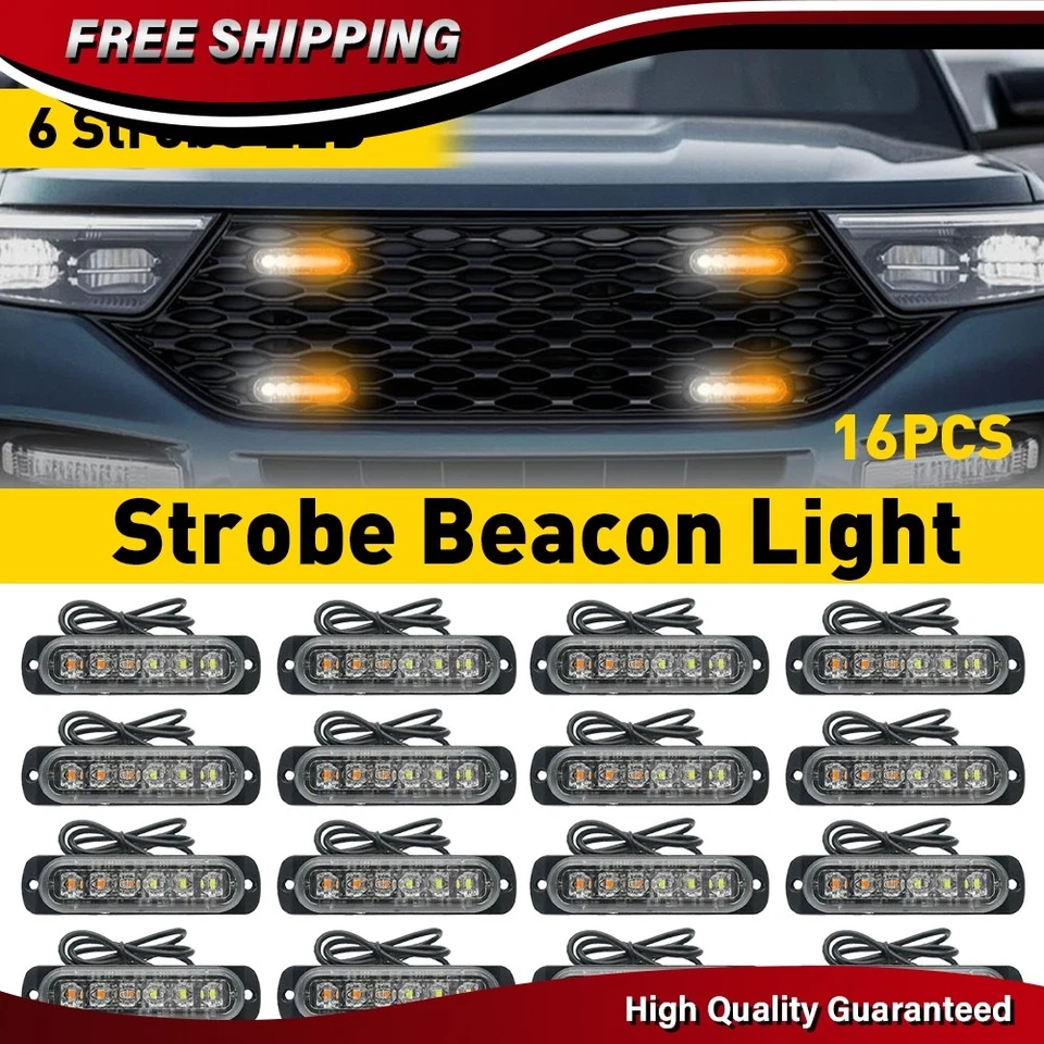 16PCS LED Emergency Strobe Lights 6 LED Amber White Surface Mount Flashing Light - Image 1 of 4