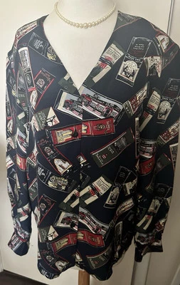 LIZ CLAIBORNE VINTAGE SILK TOP - 10 - LONG SLEEVES, BUTTON FRONT - TRAVEL THEME - Image 1 of 4