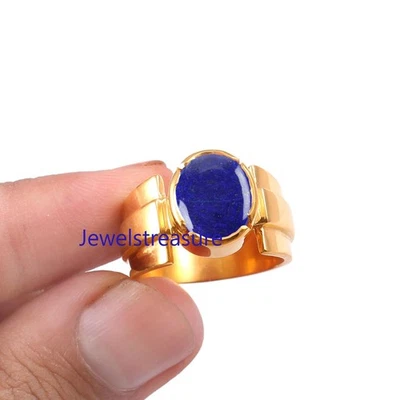 天然 Lapis Lazuli 宝石镀金 925 纯银戒指 男式 #421 — 第 1/4 张图片