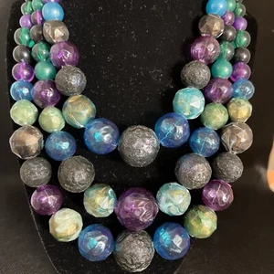 (u506) Vtg 1950-1960 Gorgeous Large Beaded Necklace Blk Purple Turquoise Grn - Picture 1 of 2