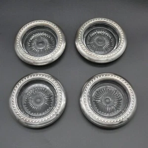 4 Vintage Sterling Silver Rimmed Coasters Sunburst Dot Clear Glass Japan 4" Set - Picture 1 of 19
