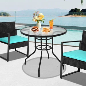 Round Garden Patio Table Dining Bistro Tempered Glass Table with Umbrella Hole - Picture 1 of 9