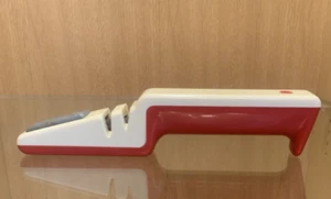 Vintage Hand Knife & Scissors Sharpener Whetstone Red White Plastic Retro 1970's - Picture 1 of 10