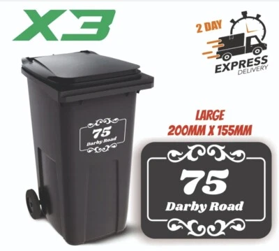 Custom Wheelie Bin Stickers,x3 WHEELIE BIN NUMBERS HOUSE & STREET NAME STICKERS - Image 1 of 4