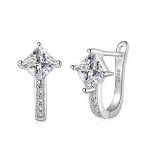 Orecchini a cerchio clip con zirconi quadrati argento sterling 925 massiccio donna regalo festa - Foto 1 di 11
