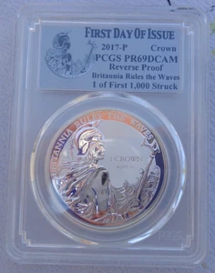 Moneda de error 2017-P Falkland Crown con lema FDOI PCGS PR69DCAM .999 plata fina - Imagen 1 de 4