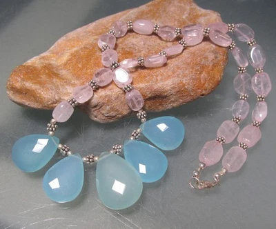 Sterling silver 925 rose quartz & chalcedony 36gr stone 17 inch necklace. - Image 1 of 4