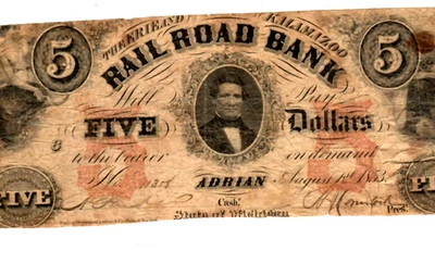 $5 "RAIILROAD BANK" (MICHIGAN) 1800'S $5 "RAILROAD BANK" (MICHIGAN) 1800'S RARE - Image 1 of 3