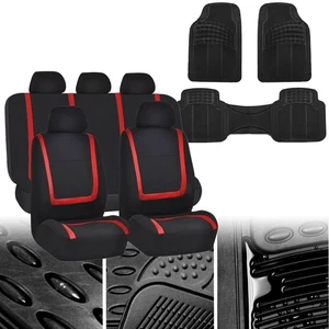Car Seat Covers Beige Red Combo Set For Auto w/Black 3pcs Floor Mats - Picture 1 of 9