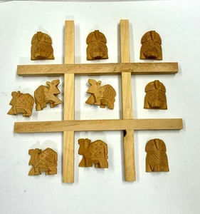 Juego artesanal de madera Tic Tac Toe búho elefante tallado a mano nuevo en caja India - Imagen 1 de 12
