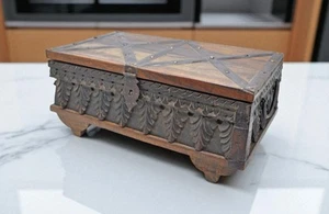 Antique Wooden Fine Carved Storage Treausre Chest Box Original Old - Picture 1 of 8