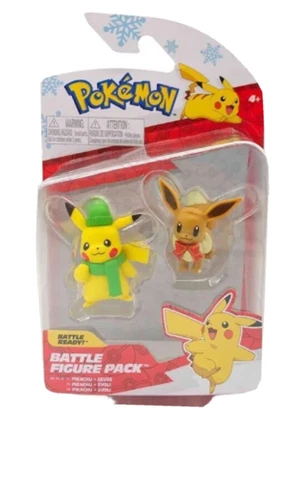 Pokemon Battle Figure Pack, 2022 Holiday Pikachu hat & scarf, Eevee Bow, New Cover