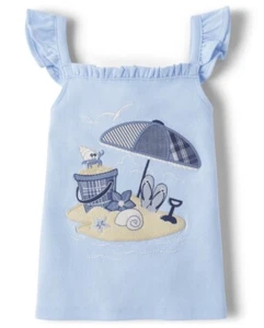 Gymboree Girls Embroidered Beach Tank Top Sandy Shores Crab Beach Ocean, Blue 5T - Picture 1 of 4