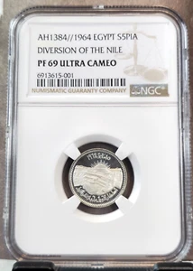 1964 EGYPT SILVER 5 PIASTRES DIVERSION OF THE NILE NGC PF 69 ULTRA CAMEO TOP POP - Picture 1 of 3