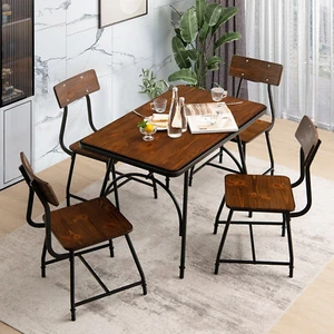 5Pcs Dining Table Set Industrial Table & 4 Chairs Wood Metal Frame Cafe Kitchen - Picture 1 of 12
