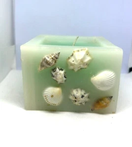 Beautiful! Candle Square Wax w/ Embedded Sea Shells & Sea Grass ~ 4" W x 3 " H - Picture 1 of 7