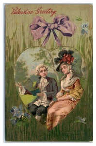 Valentine Greeting Colonial Couple Reading in Heart Postcard - Picture 1 of 2