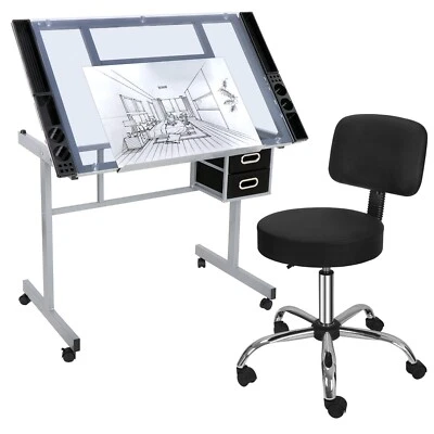 Drawing Desk Drafting Table Glass Top + Adjustable Hydraulic Salon Stool Chair - Image 1 of 4