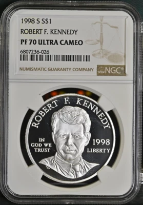 :1998-S 1$ Robert Kennedy Commemorative Silver Dollar NGC PF70UC Top Pop Rare R5 - Image 1 of 2