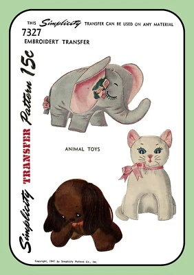 Stuffed Animal Pattern CAT Kitten DOG Puppy ELEPHANT Simplicity 7327 Vtg 1943 - Image 1 of 4