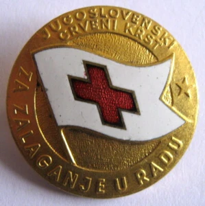 ROTES KREUZ JUGOSLAWIEN - FÜR HARTE ARBEIT VINTAGE VERGOLDETES EMAILLEABZEICHEN - Bild 1 von 2