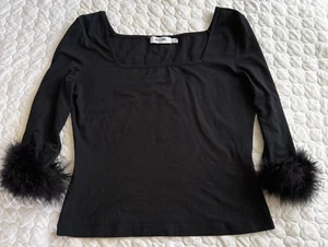 VTG MOSCHINO Jeans Square Neck Top w/ Real Feather Cuffs Made in Italy - Picture 1 of 7