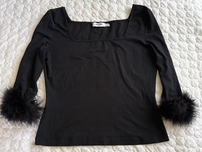 VTG MOSCHINO Jeans Square Neck Top w/ Real Feather Cuffs Made in Italy - Image 1 of 4