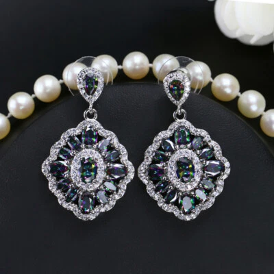 Brincos de gota pendurados de topázio arco-íris místico folheados a prata com zircão cúbico - Imagem 1 de 4