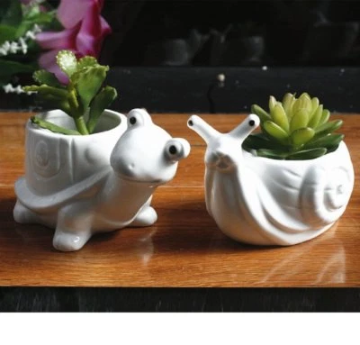 Lindo Mini Animal Caracol + Tortuga Blanco Cerámica Suculenta Florero Macetas Foto 1 de 4