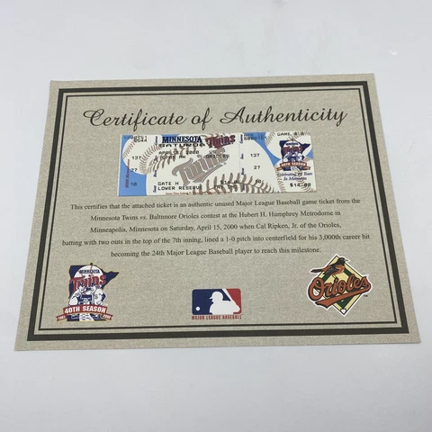 Cal Ripken Jr 3000 Hit Twins v Orioles Ticket April 15, 2000- Seat 10 Row 27 Cover