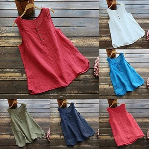 2025 Womens Sleeveless Tank Top Vest Ladies Loose T-Shirt Cami Blouse Button Tee - Picture 1 of 23