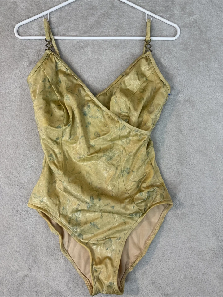 Traje de baño de una pieza para mujer Carol Wior talla 10 dorado floral cuello en V metálico Xclt Foto 1 de 4