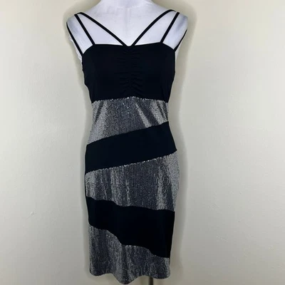 Venus Mini Dress Small Black Silver Sequin Party Strappy Ruched Sheath Cocktail - Image 1 of 4
