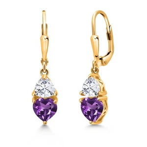 18K Yellow Gold Plated Silver Dangle Earrings Amethyst Moissanite (2.54 Cttw) - Picture 1 of 5