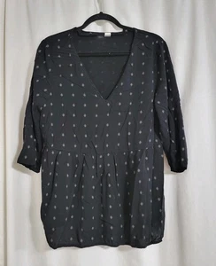Blusa túnica antigua azul marino talla Lg boho cuello en V manga 3/4 negra estampada rayón - Imagen 1 de 6