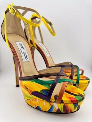 LEER Jimmy Choo Laurita Cuero Amarillo Floral Sandalias Zapatos Tacones IT 40 US 9.5 Foto 1 de 4