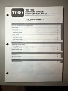 Toro 1991-1992 Verbraucherabteilung Service Schulscheine - Formular Nr. 492-4203 - Bild 1 von 2