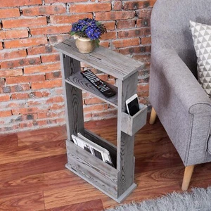 Vintage Grey Wood Side Table Magazine Holder, Solid Wood Floor Shelf End Table - Picture 1 of 6
