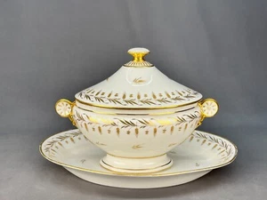 19th C. French Empire Porcelain 2Qt Tureen & Underplate Gilt Decoration - Picture 1 of 24