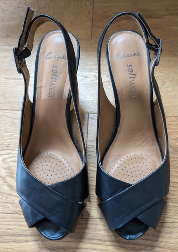CLARKS Clacchi a plateau nascosti ""soft wear"" in pelle nera slingback UK 7