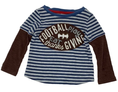 Camisa Mud Pie Bebé Niños 12-18 Meses Azul Rayas Acción de Gracias Fútbol Aplique Foto 1 de 4